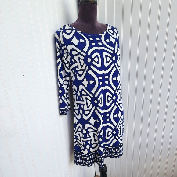 Laundry By Design Dress Womens Blue White Geo Print Stretch 3/4 Sleeve Sz 4 - Picture 2 of 10